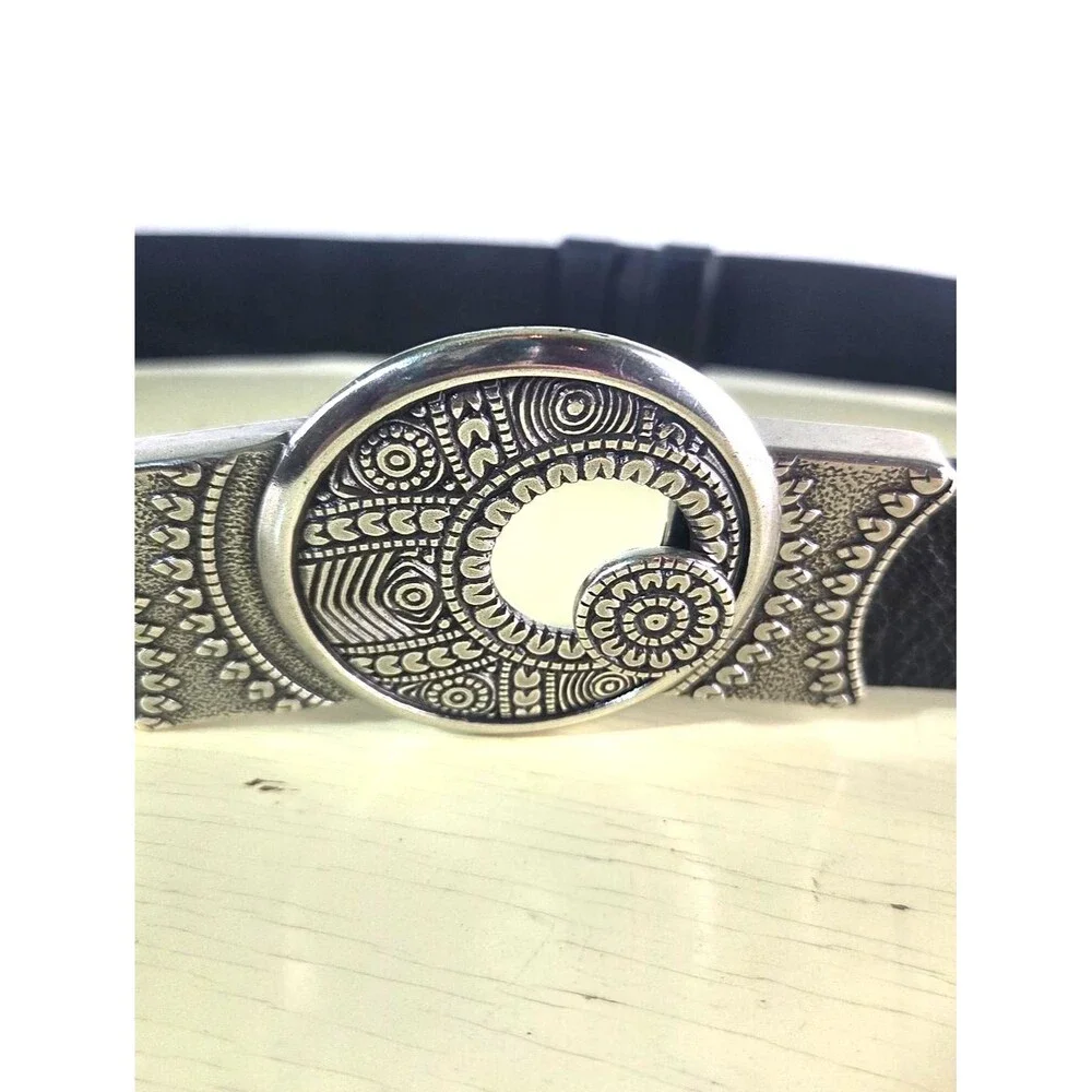 Chico’s Black Leather Belt Silver Tone Boho Hippie Round Buckle Women S/M